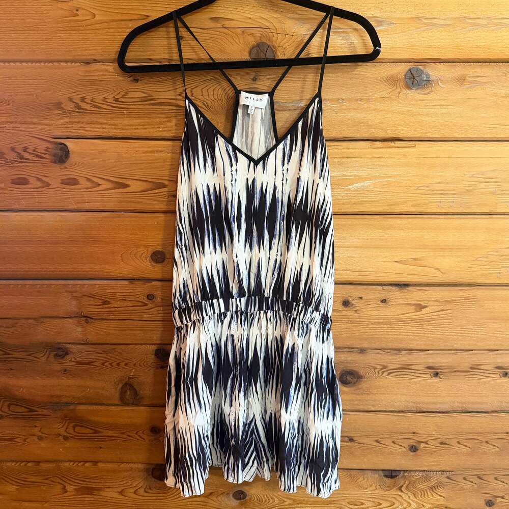 Milly Blue White Tie-Dye Silk Racerback Romper Small